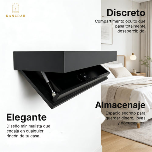 Estante flotante negro Kanzdar con el compartimento secreto abierto